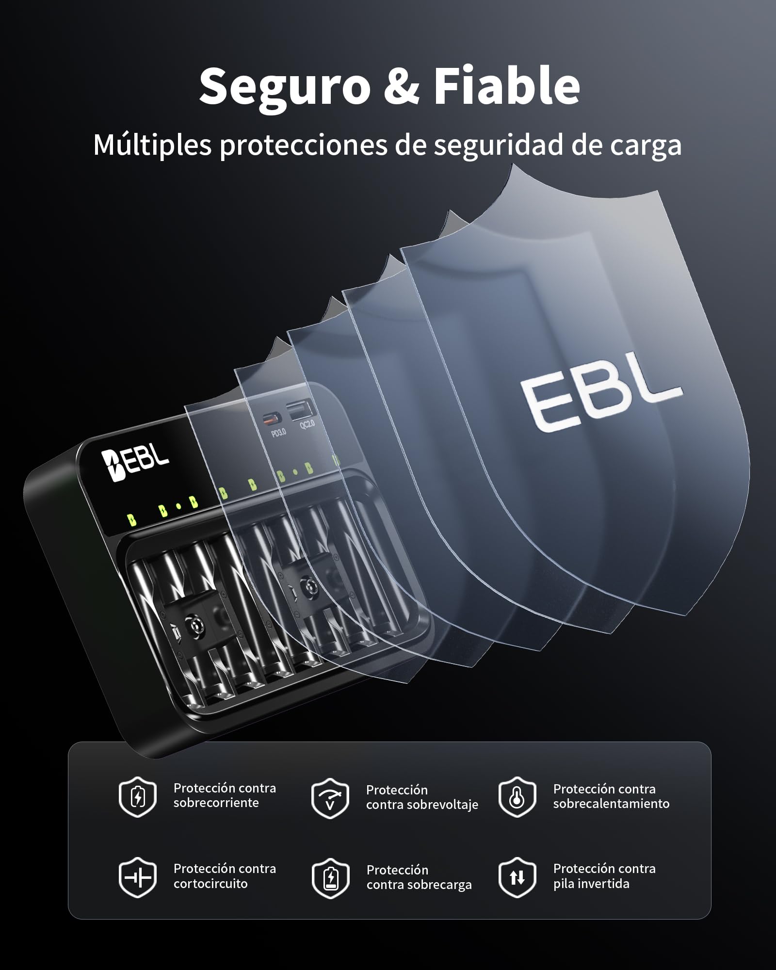 EBL Cargador de Pilas para AA AAA 9V, 8 Ranuras Independientes con Cargador de Batería USB-C PD3.0 & Entrada Micro USB, Cargador Rápido — view 6