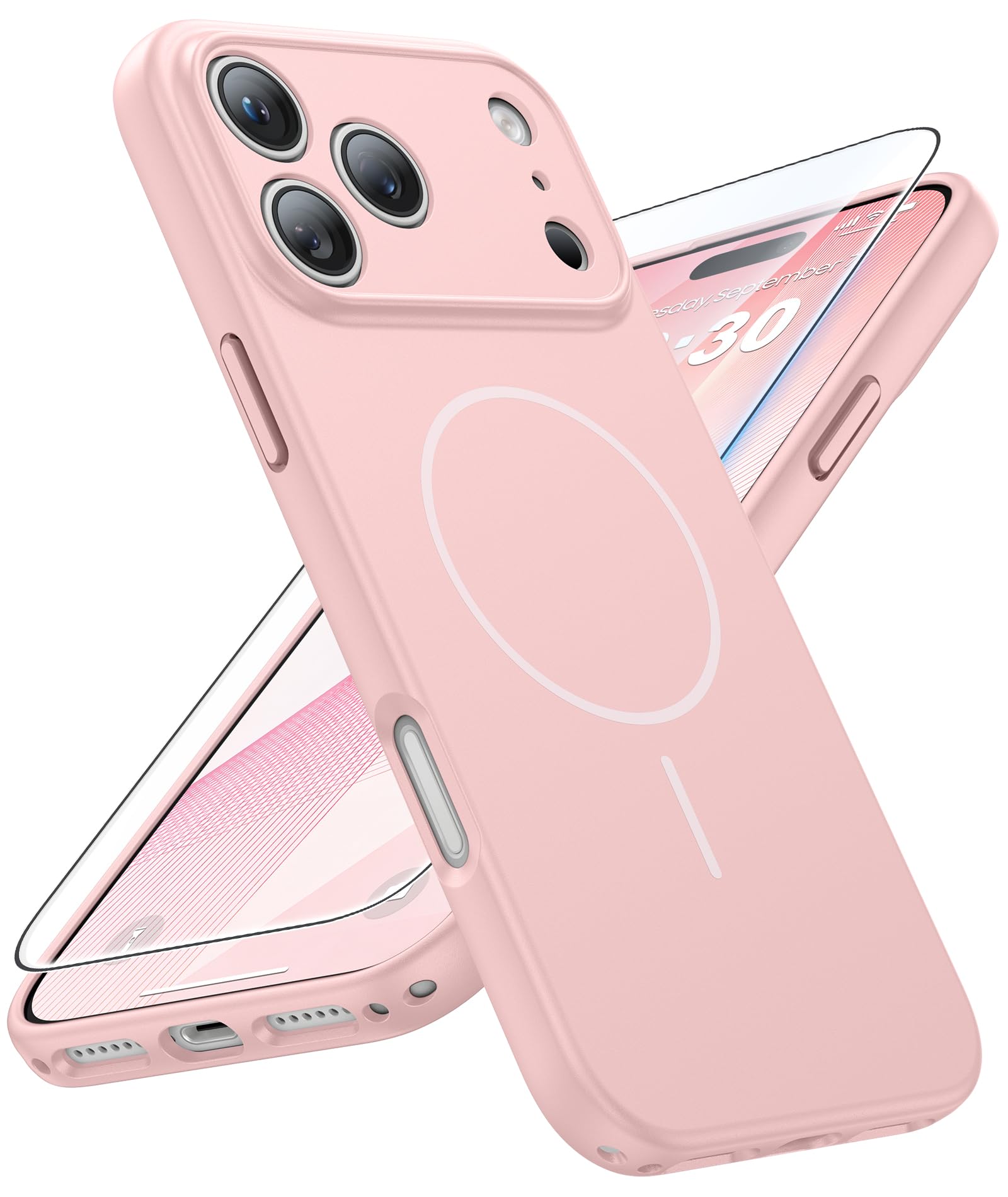FNTCASE for iPhone 17-Pro Case Pink: Matte Compatible with MagSafe | Full Camera Protection Magnetic Cases With Screen Protector, 14FT Military Grade Drop Tested, Shockproof Slim Phone Cover