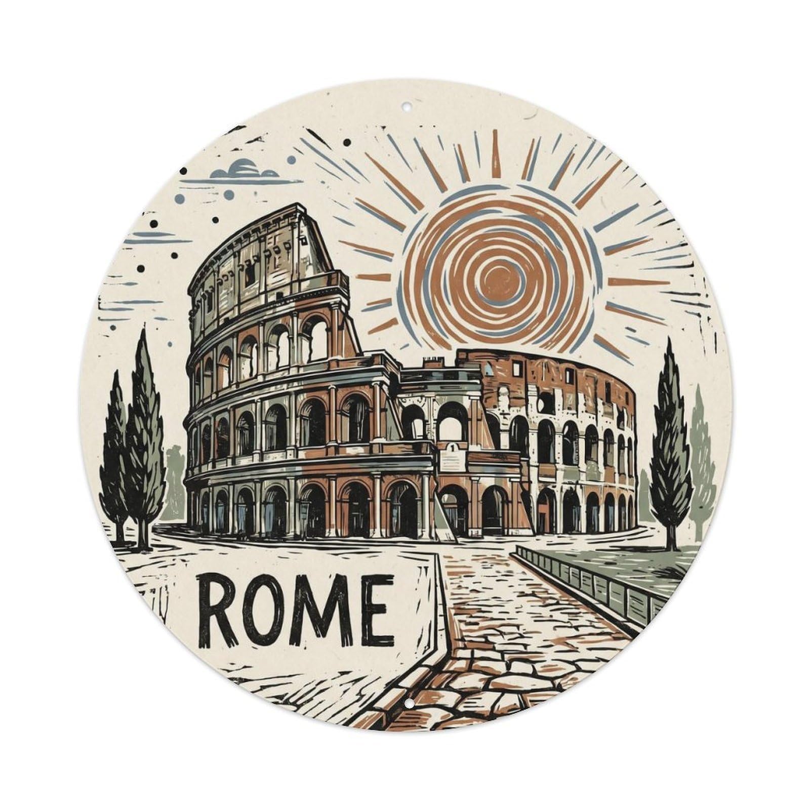 Rome Woodcut Colosseum Cityscape Vintage Travel Ancient Landmark Metal Tin Sign Plaque Wall Decor for Cafe, Man Cave, Club Bar, Office, Home Garden Round Metal Poster 8x8Inch