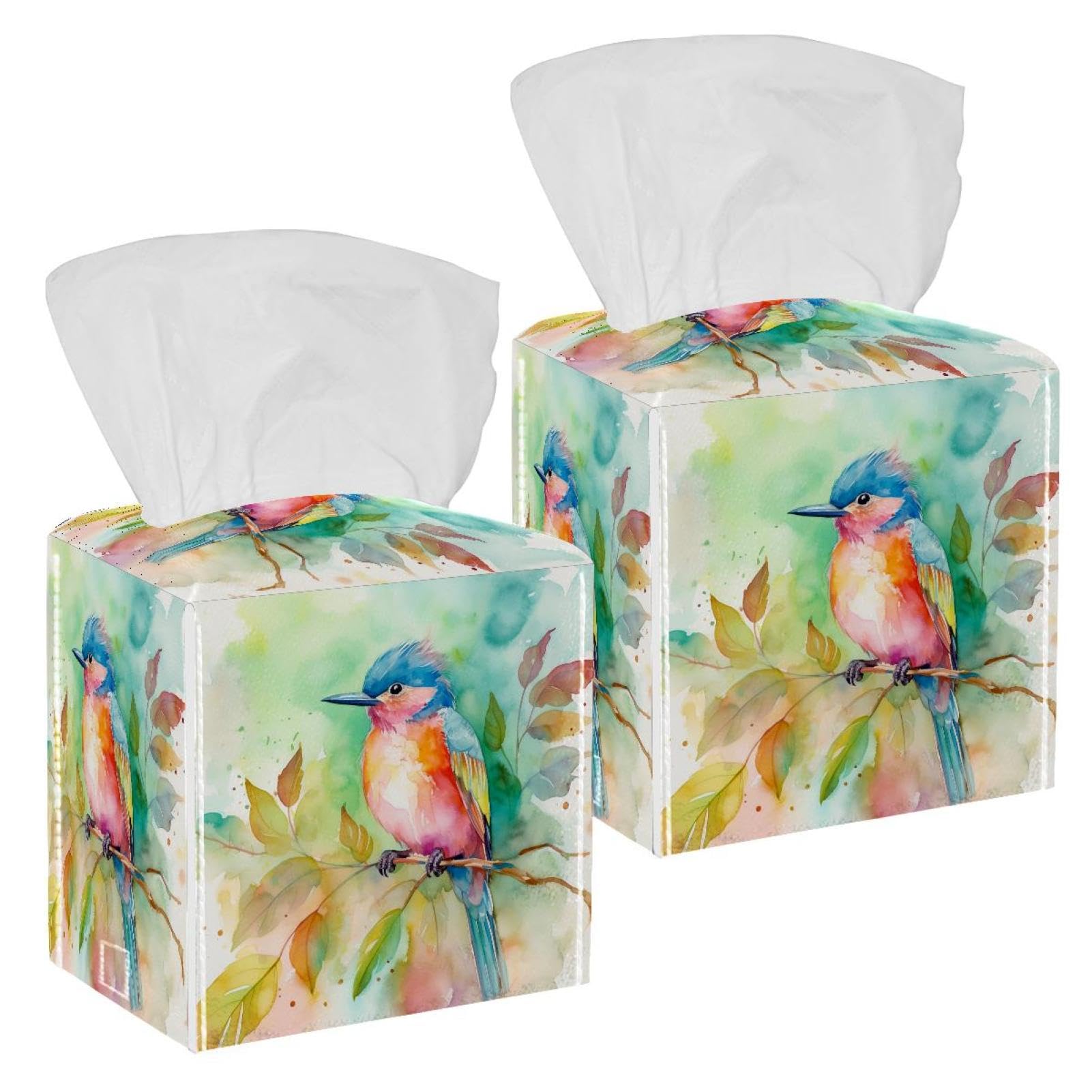 Watercolor Bird Tissue Box Cover, 2 Pack PU Leather Square Facial Tissue Dispenser Box holder for Home Office Car