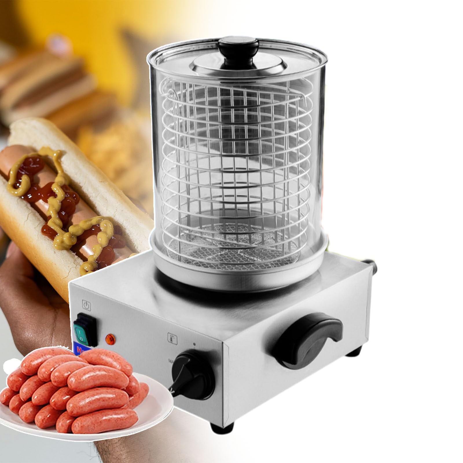 GYKOZY Adjustable Temperature Hot Dog Cooker & Sausage Grill with Easy Clean Design, Dust Cover, Speed Control for Perfects Cooking Every Time (A)