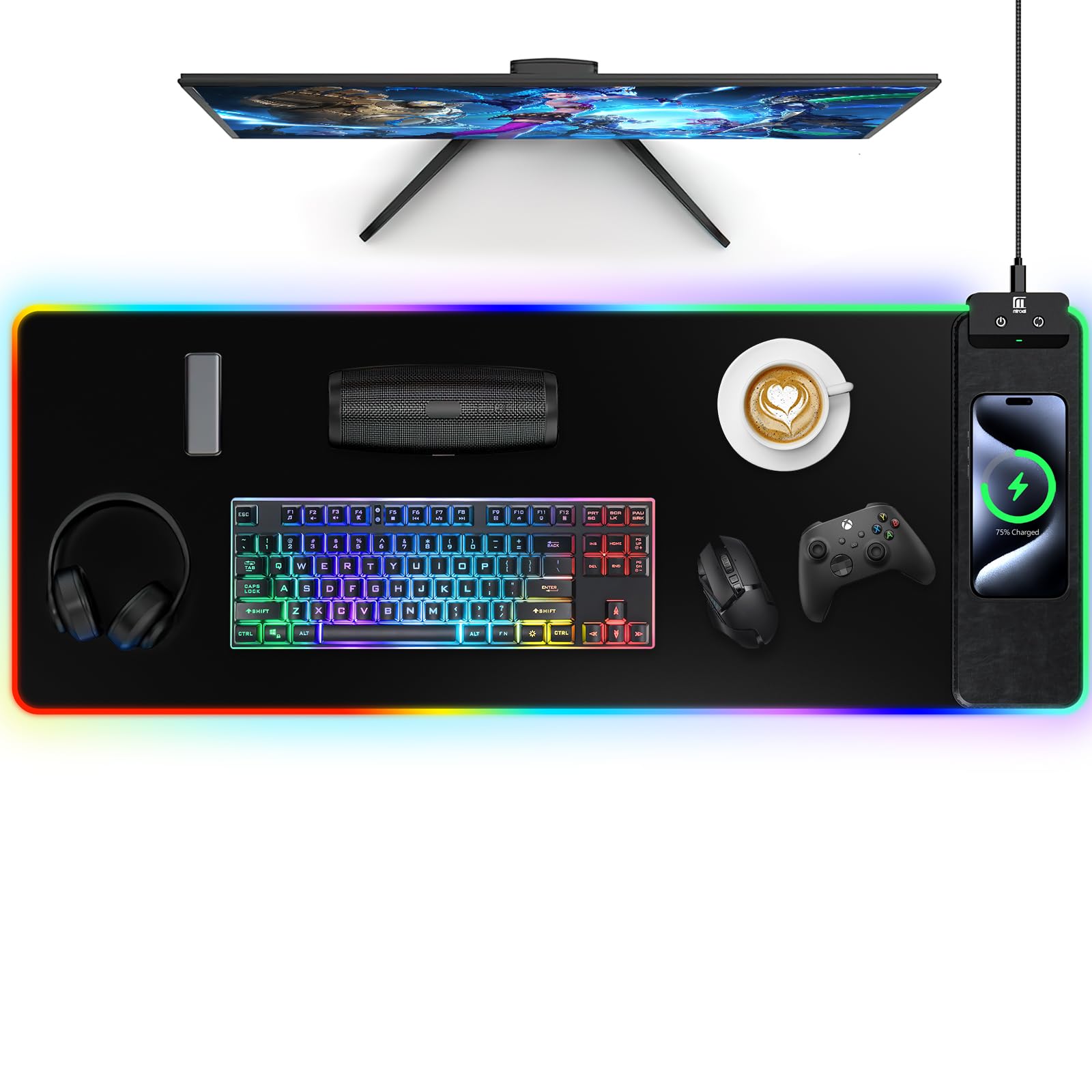 Mouse Pad with Wireless Charging, Large Desk Mat RGB Gaming Mousepad, 10 Light Colors LED Gaming Pad Keyboard Pad with Ultra-Smooth Surface & Non-Slip Rubber Base, Waterproof Full Desk Mouse Pad
