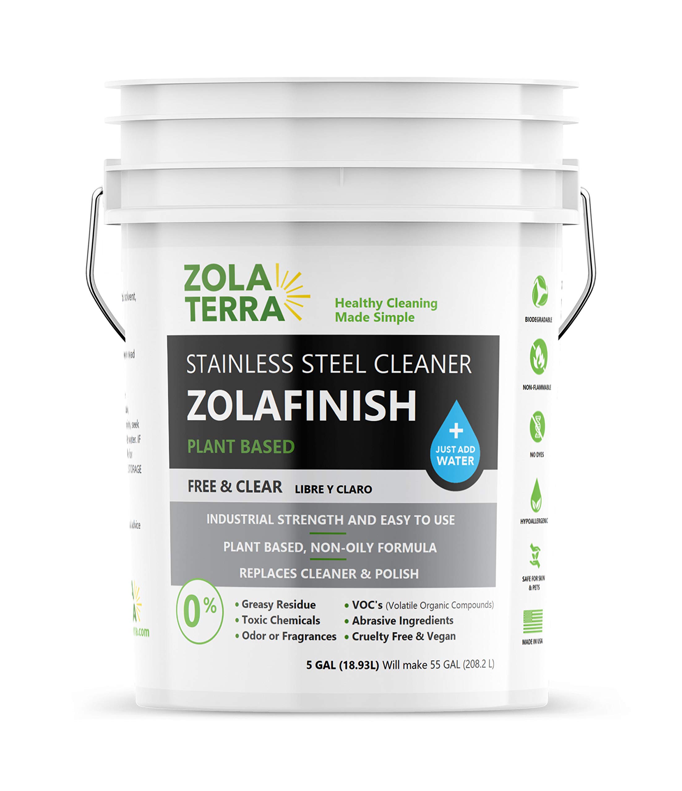 ZolaFinish, Stainless Steel Cleaner for Commercial Kitchen 5 Gallons (Concentrate)