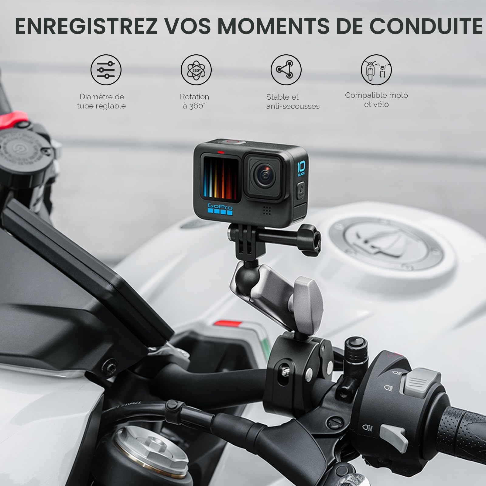 REYGEAK Support de caméra avec double tête sphérique à 360° avec vis 1/4, support de guidon de vélo avec double griffe pour GoPro Max Hero 13/12/11/10/9