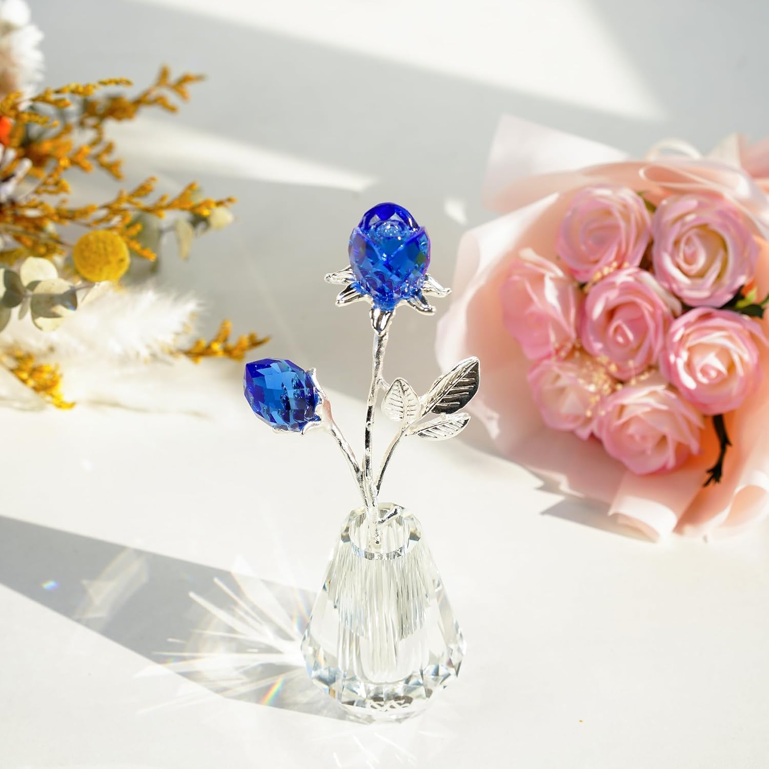 H&D HYALINE & DORA Blue Crystals Roses with Sliver Metal Stem Glass Figurine Ornament Wedding Gifts for Woman Home Party Decorations - Image 4