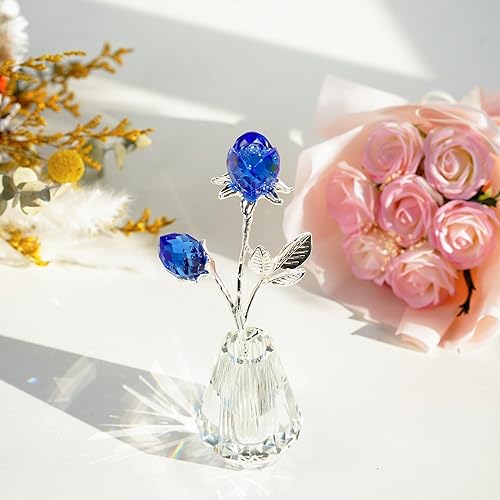 Miniatura 4 de H&D HYALINE & DORA Estatuilla de cristal de cristal con tallo de metal plateado y rosas de cristales azules, regalo de boda para mujer, decoración