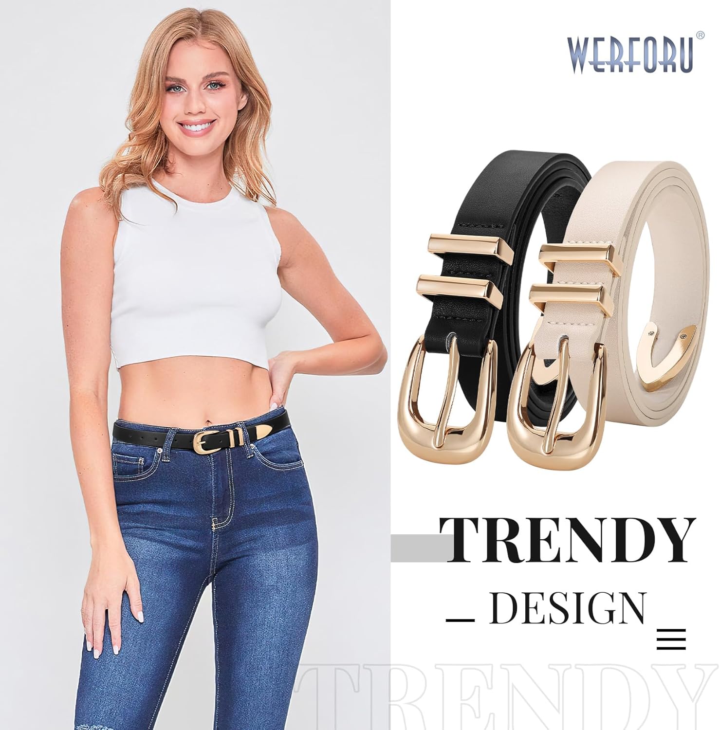 WERFORU 2 Pack Women Leather Belt Fashion Leather Waist Belt for Pants Jean Ladies Western Belt with Gold/Silver Buckle- - Image 2