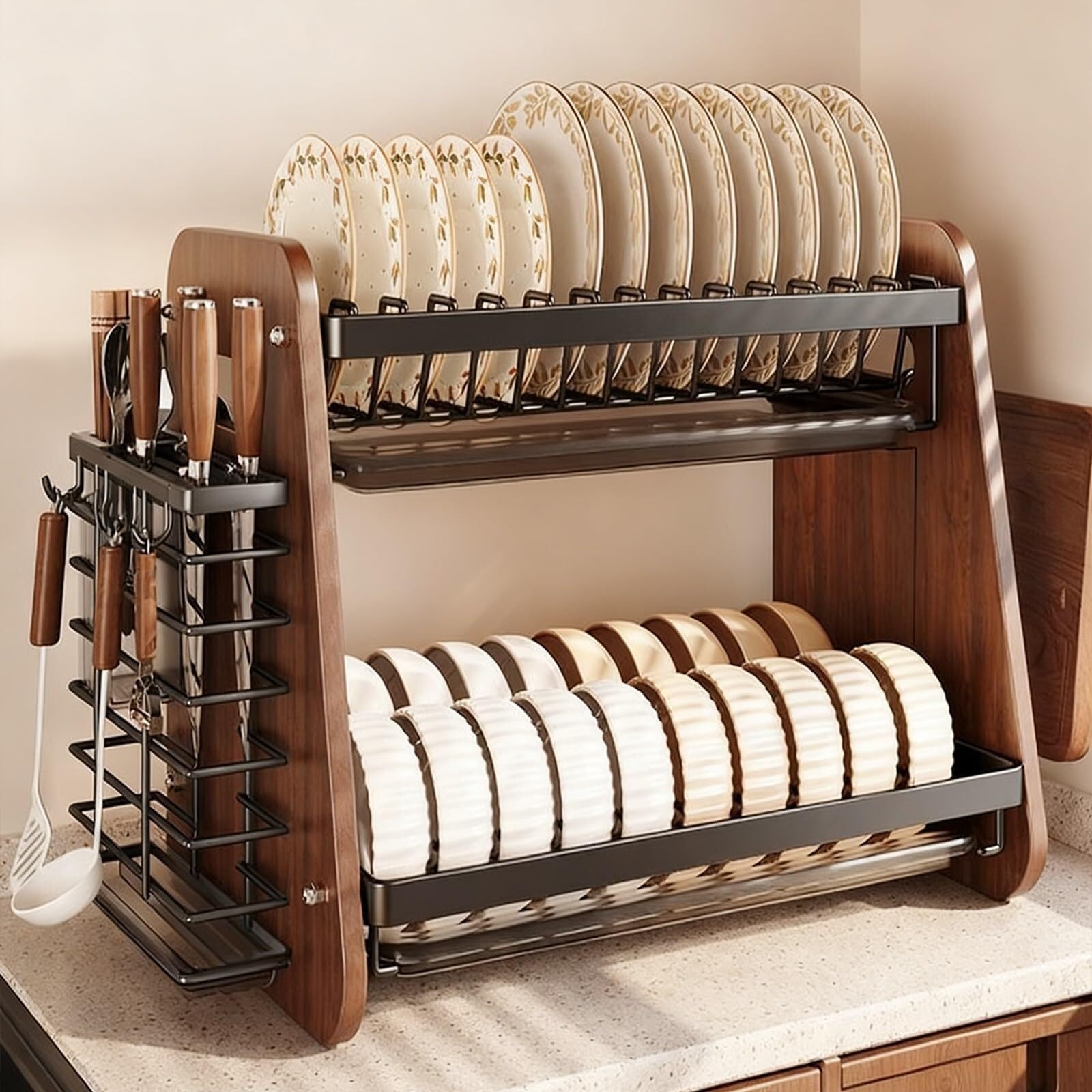Lkvent dish drainer Countertop 2 Tier Dish Drying Rack Dishes Organizer Rack Double Decker for Kitchen Counter Organizer drying(Nero,Full set)