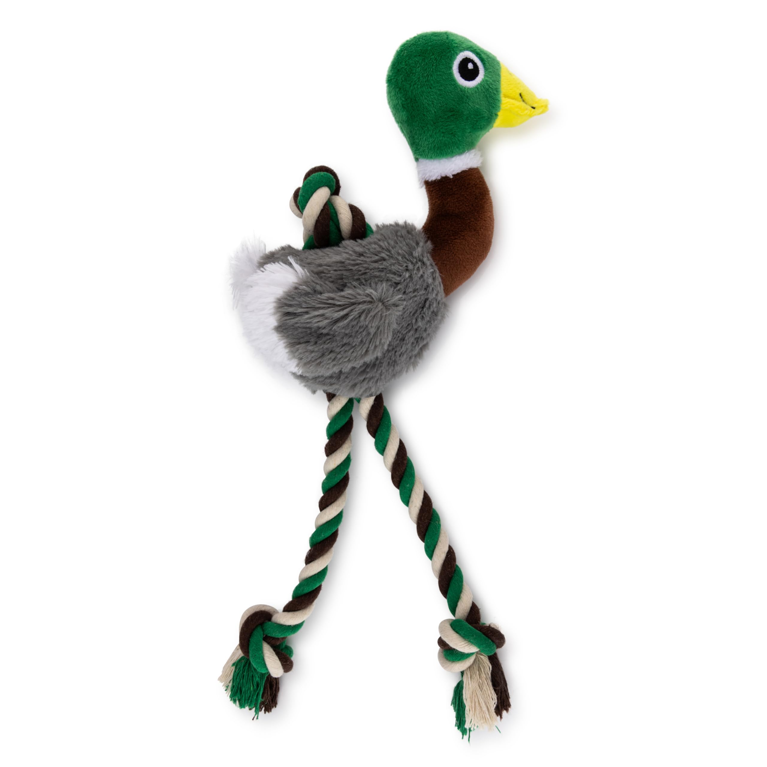 Mallard Duck Dog Toy, Plush Squeaky Tug Toy with Rope Legs & Crinkle Wings for Fetch Chew & Play, Green & Grey