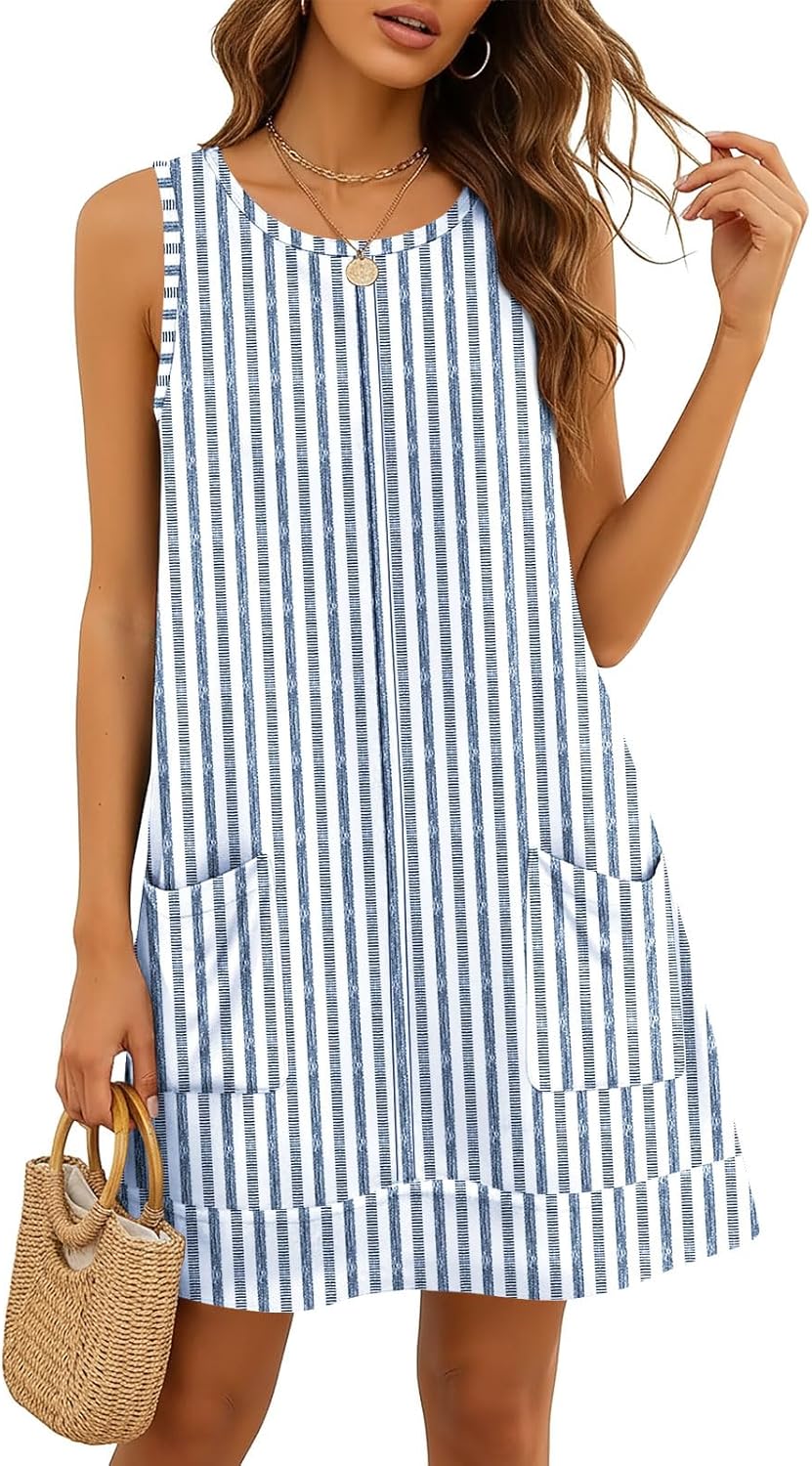Disamer Womens Sleeveless Sundresses 2026 Vacation Beach Dress Casual Striped Printed Summer Dresses Short Dress with Pocket