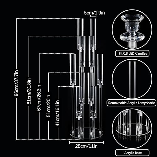 Miniatura 6 de 20 piezas de candelabro acrílico de 10 brazos para centro de mesa de boda, portavelas de piso transparente de 37.7 pulgadas con pantalla acrílica,