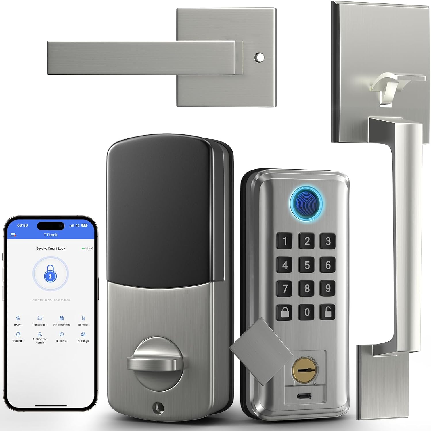 Keyless Entry Door Lock, SEVEKO Smart Locks for Front Door with Handle, Fingerprint Front Door Lock Set with App Control, Keypad Deadbolt Door Locks, Smart Lock Compatible with Alexa, Satin Nickel Keyless Entry Door Lock, SEVEKO Smart Locks for Front Door with Handle, Fingerprint Front Door Lock Set with App Control, Keypad Deadbolt Door Locks, Smart Lock Compatible with Alexa, Satin Nickel