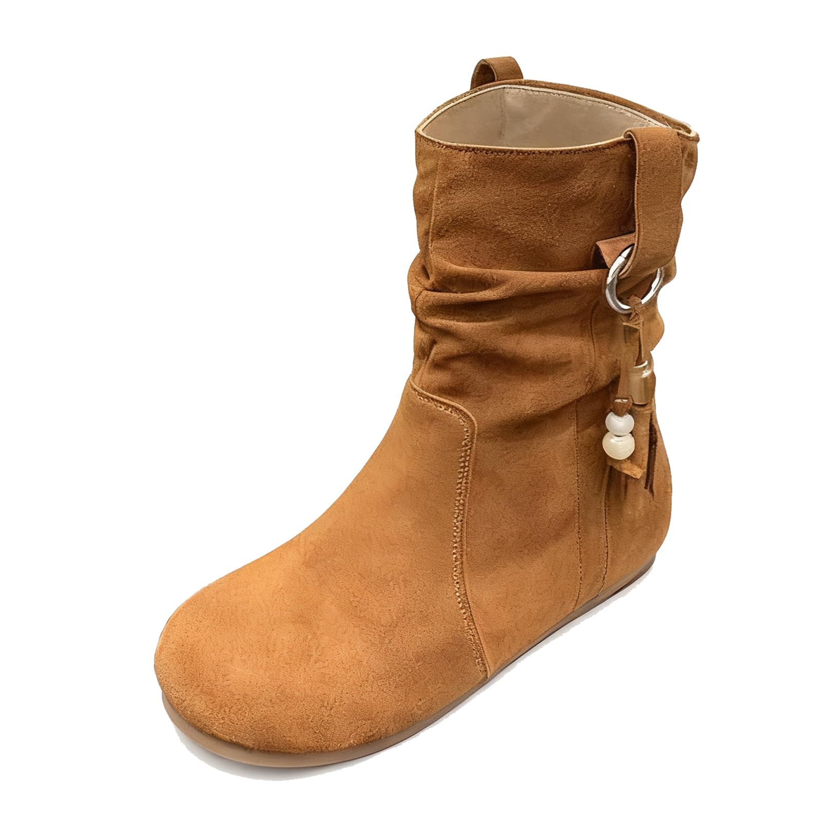Womens Suede Slouchy Flat Ankle Boots Fashion Tassel Beads Comfortable Round Toe Pull On Low Heel Booties Fall