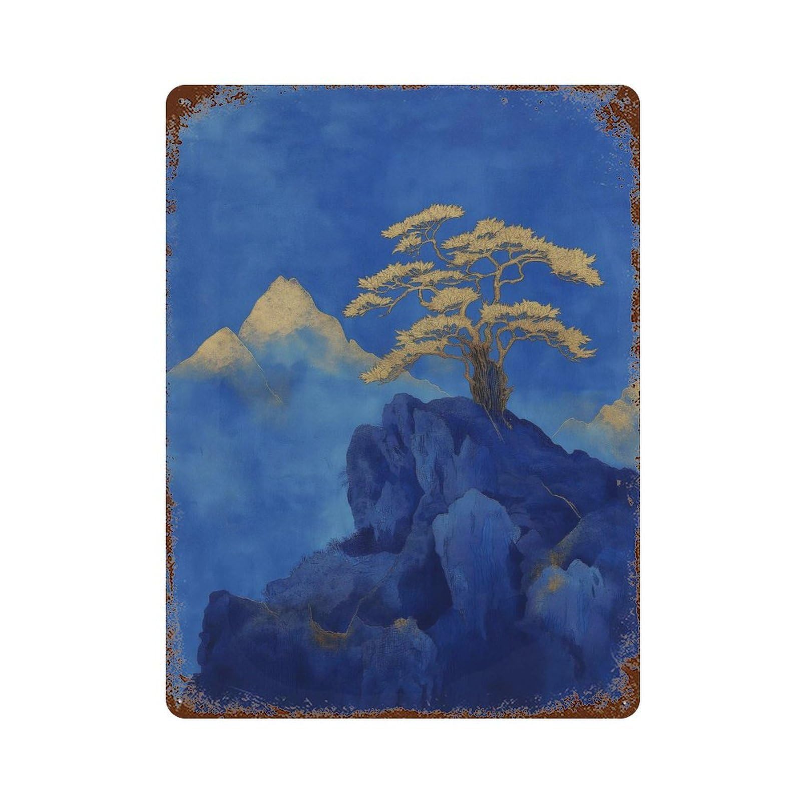 xiaoxiaoshen Golden Tree Blue Mountain Minimal Japanese Landscape Wall Decor Art Metal Tin Poster Modern Home Decor Art Home Bar Shop Decorations Vintage Sign 40x30cm