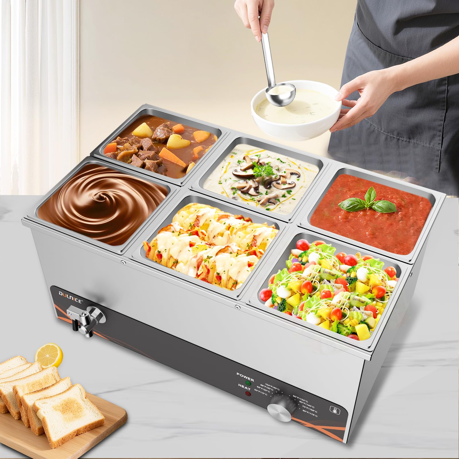 Scaldavivande Elettrico bagnomaria Bain Marie Professionale, pomello in Metallo, Acciaio Inossidabile per Buffet con 6X 1/6 Pentole con coperchi, con 2 Cucchiaio da Minestra, con Rubinetto