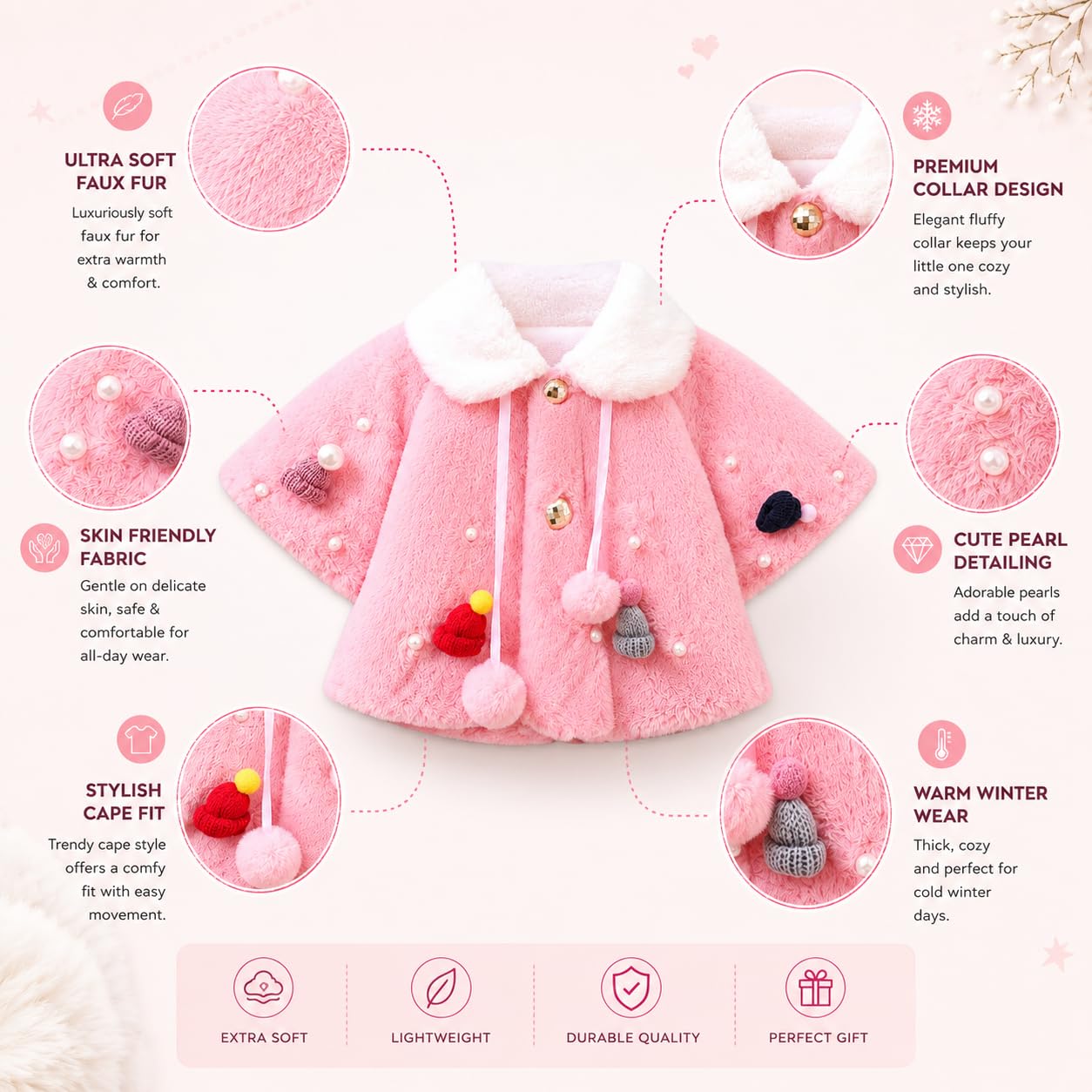 ANESHA Baby Girl Winter Cloak with Satin Ribbon Tie & White Fur Collar – Cosy Plush Cape for Toddler Girls For KIDS (6 Months - 19 Months) 1