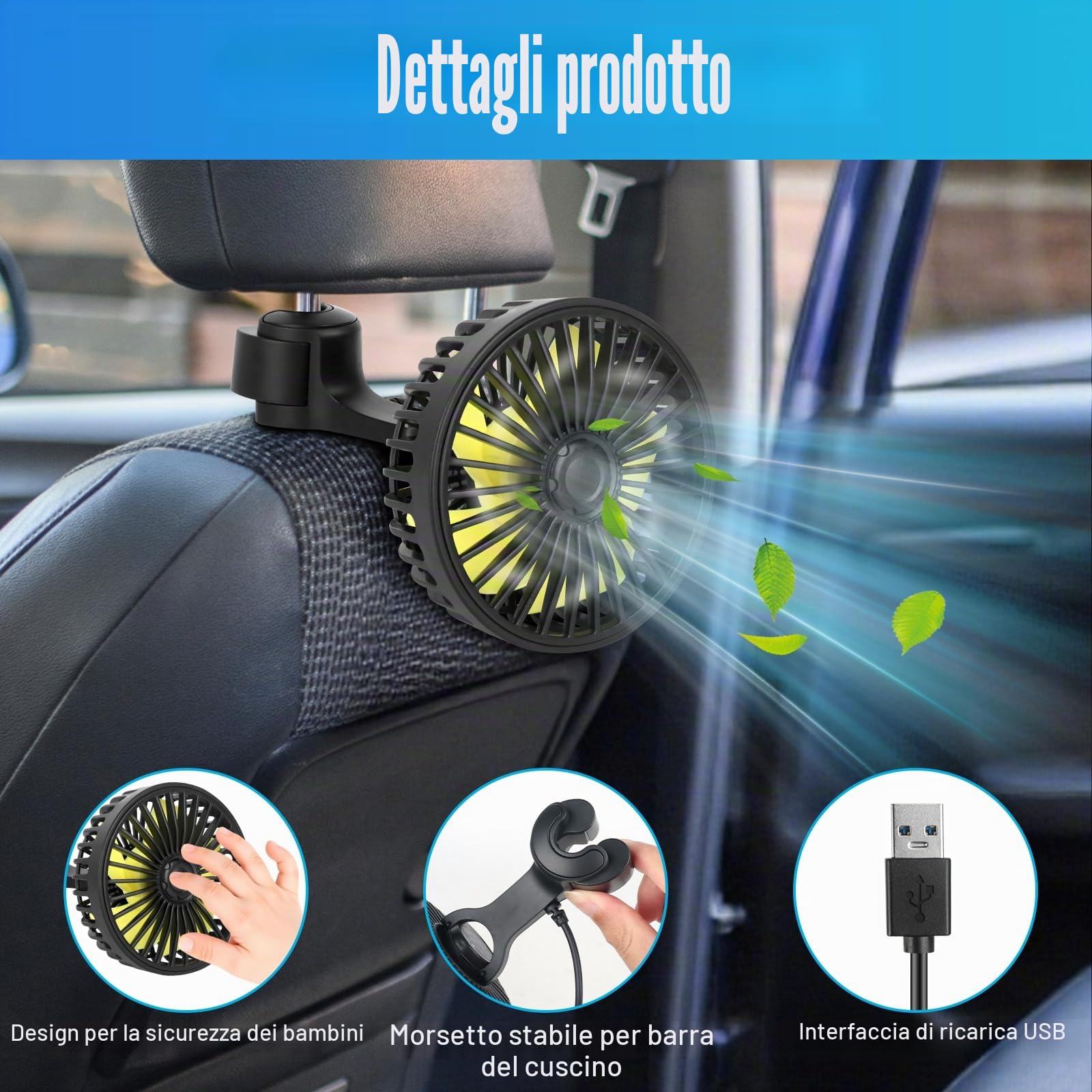 Ventilatore per sedile posteriore, auto ventilatore di raffreddamento, silenzioso, con 3 velocità, regolabile a 360°, USB, per camion, furgone