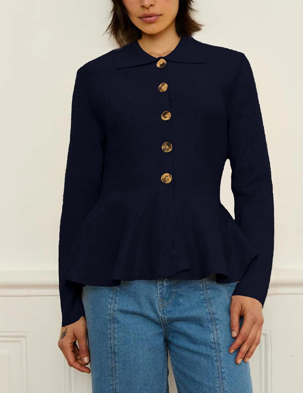 Womens Peplum Cardigan Solid Long Sleeve Shirt Collar Open Front Button Down Outwear Sweater Tops - image 4