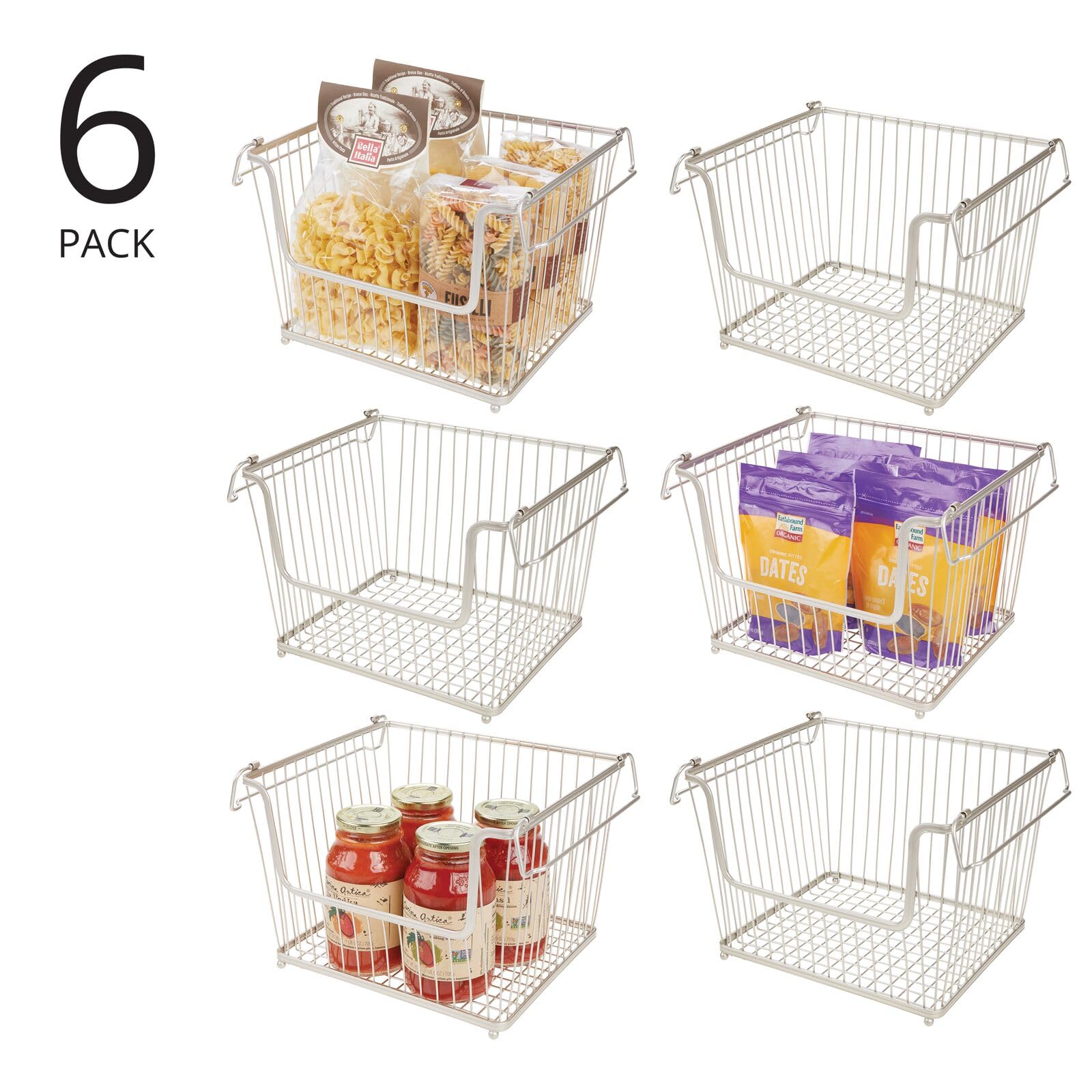 mDesign Moderno cestino portaoggetti in metallo – Grande organizer cucina con manici – Contenitore cucina capiente impilabile – Set da 6 – argento opaco