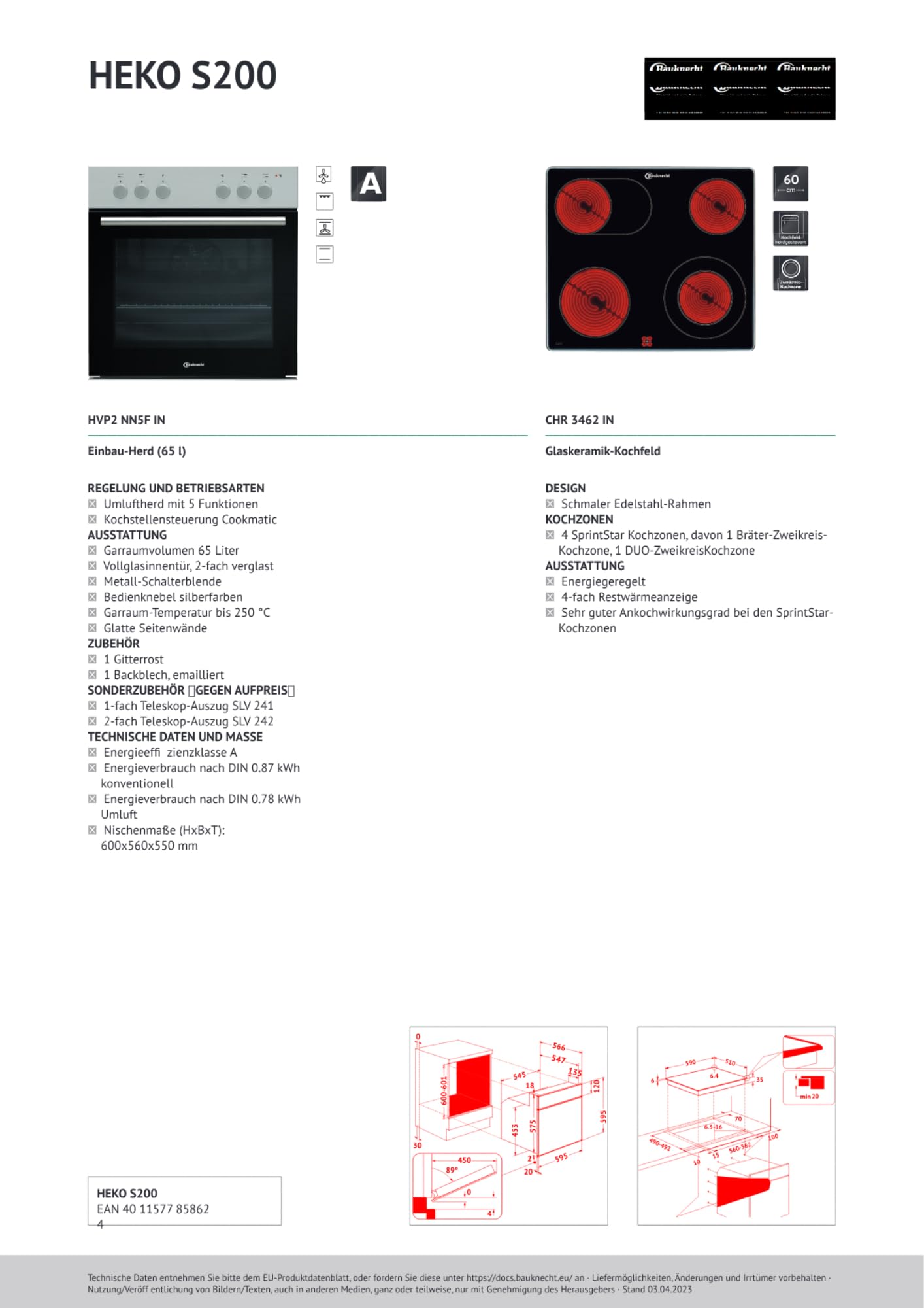 Bauknecht HEKO S200 Herd-Kochfeld Kombination/Glaskeramik-Kochfeld (60cm)/ Umluftherd mit 5 Funktionen/Kochstellensteuerung Cookmatic