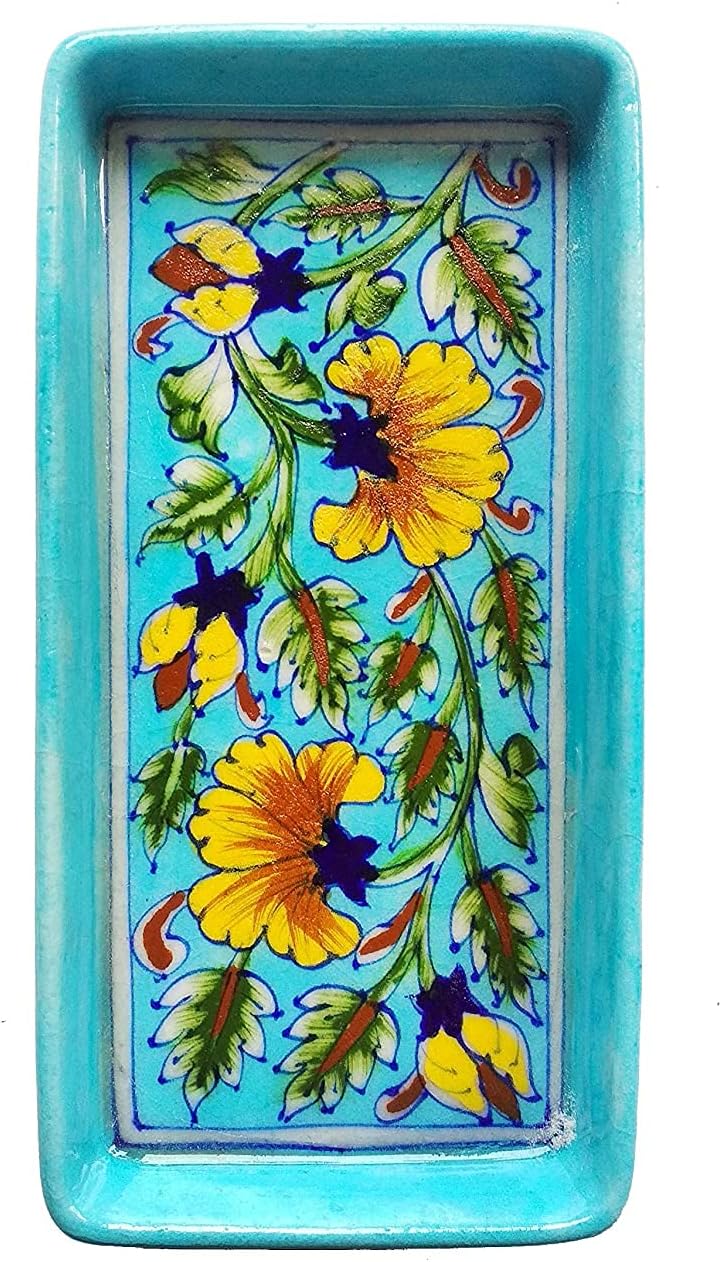 Shiv Kripa Blue Pottery Ceramic Handmade Decorative Blue Pottery Ceramic Bathroom Tray (4X8 Inch Rectangular