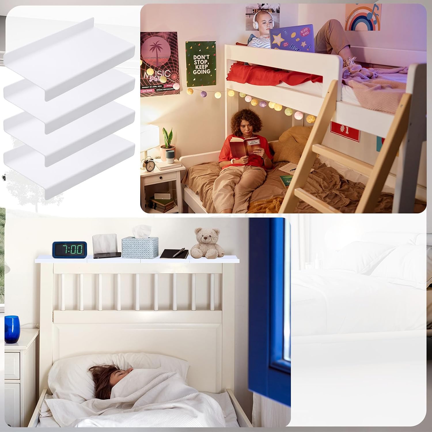 Hoteam 4 Pcs Headboard Shelf No-Screws Dorm Bed Shelf Self Adhesive White Dorm Headboard Storage with Acrylic Double Sided Tape Over Bed Organizer for Flat Top Headboards Home Bedroom Renter
