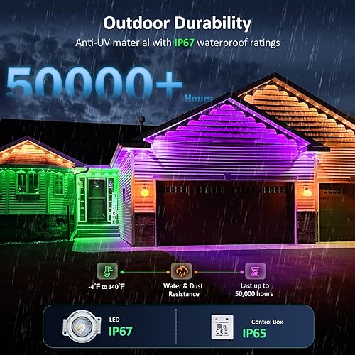Miniatura 3 de IVRICH Luces permanentes para exteriores de 200 pies, luz de alero RGB inteligente con cambio de color, aplicacióncontrol remoto, IP67 impermeable,