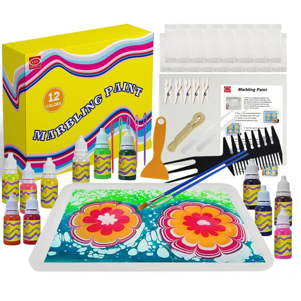 RuicationWater Marbling Paint Kit for Kids 12 Colours Water Marbling Paint Art Set for Girls Boys Craft Kits & Supplies Ideal Gifts for Kids Age 3-12