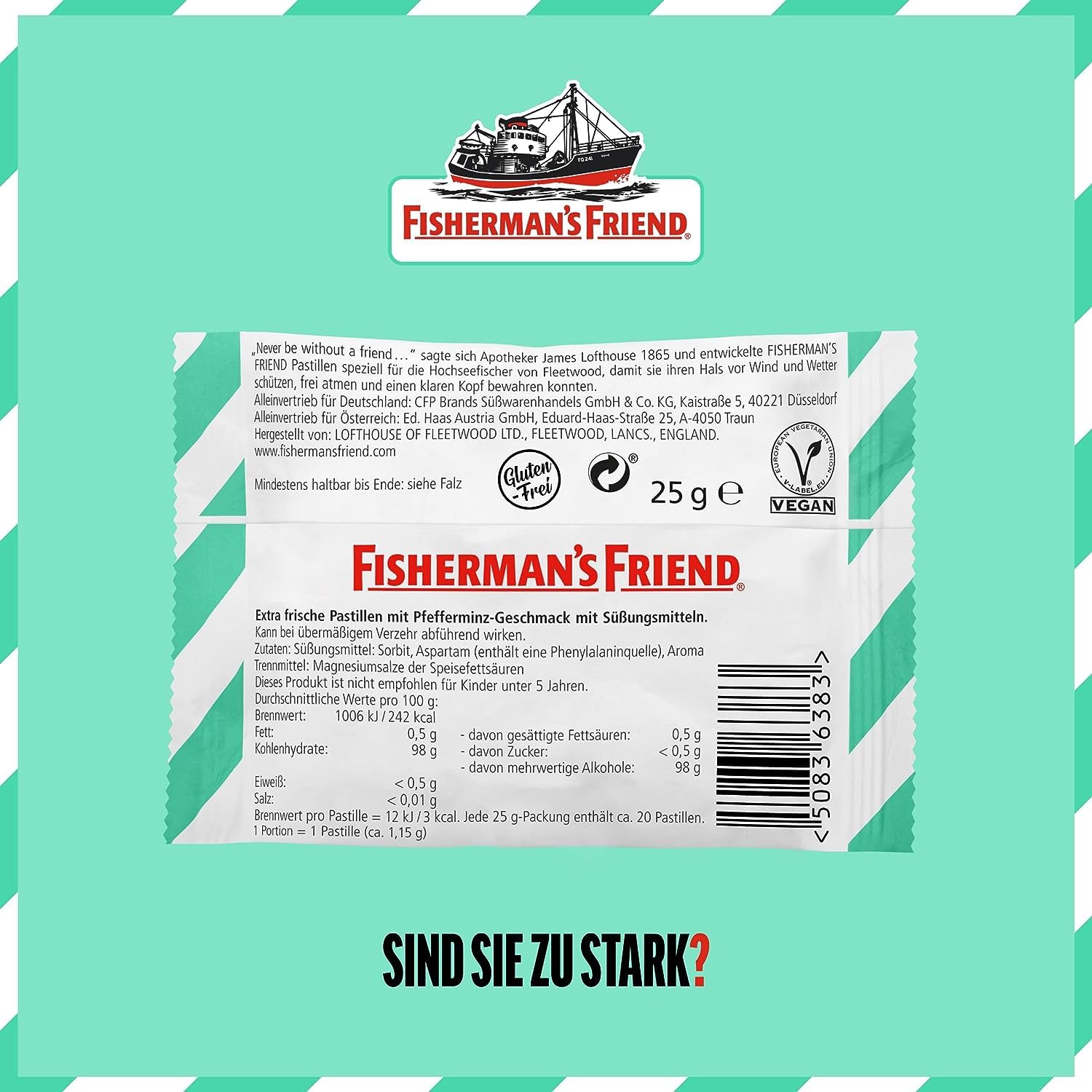 Fisherman's Friend Mint, 24er Vorratsbox, Pfefferminze und Menthol Geschmack, zuckerfrei & vegan, Bonbons für frischen Atem, 24 x 25g