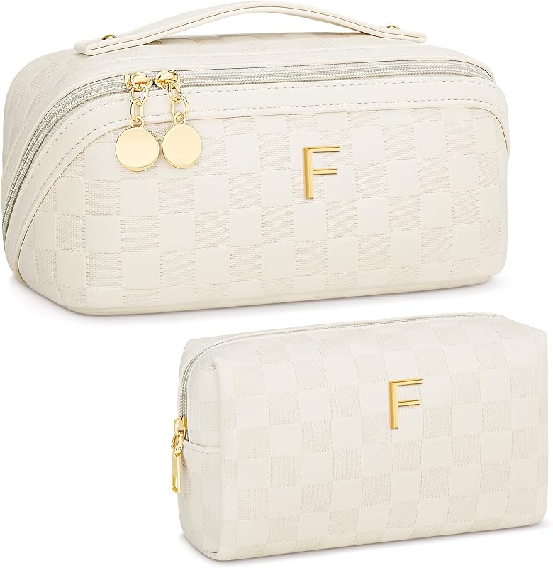 Necessaire CLOUDWINGS personalizada com inicial F, bege, em couro sintético, com compartimentos – Conjunto com 2