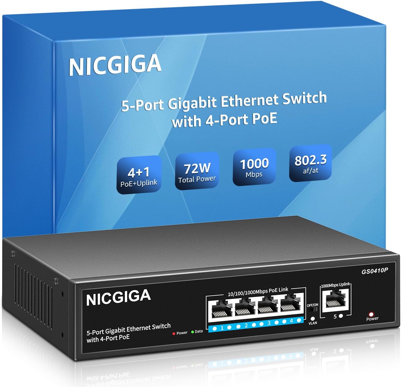 NICGIGA 5 Port Gigabit PoE Switch with 4 PoE Ports @ 78W Built-in Power Supply, Fanless, Robust Metal Housing for Table/Wall, Plug and Play, VLAN Mode, Unmanaged