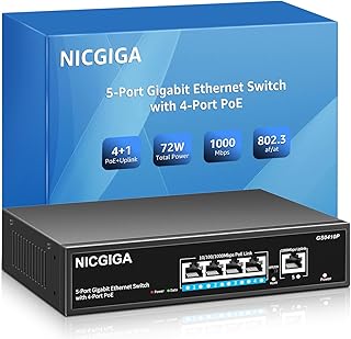 NICGIGA 4 Port Gigabit PoE Switch Unmanaged with 4 Port IEEE802.3af/at PoE+@78W, 1 x 1000Mbps Uplink, 5 Port Network Power Over Ethernet Switch, VLAN Mode, Desktop/Wall-Mount.