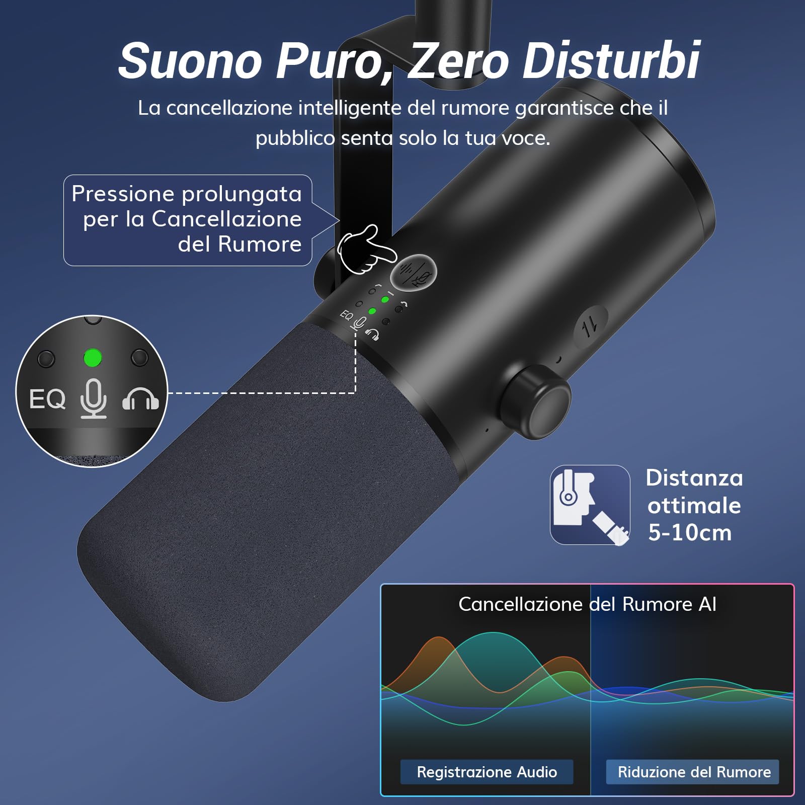 TONOR Microfono podcast dinamico per studio, microfono XLR/USB, cancellazione del rumore AI, funzione tap mute, jack per cuffie da 3,5 mm, controllo volume, micro con supporto da tavolo, nero, TD510
