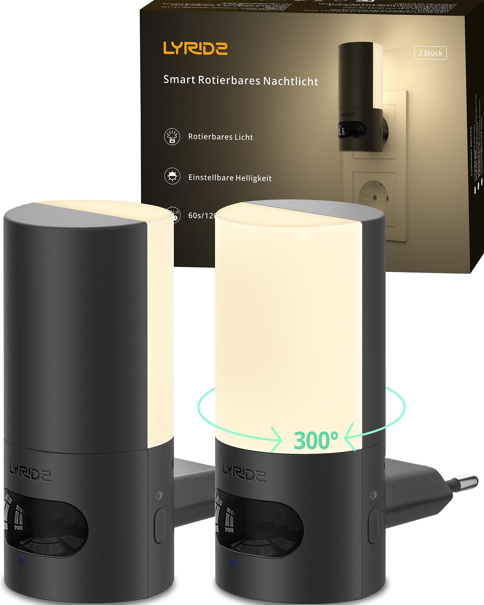 Lyridz Nachtlicht mit Bewegungsmelder - 300° Drehbar Nachtlicht Steckdose - 2 Stück Steckdosenlicht Dimmbar Warmweißes, Hinterleuchtetes, Front und Seitenglühen für Flur, Treppe, Schlafzimmer, Küche