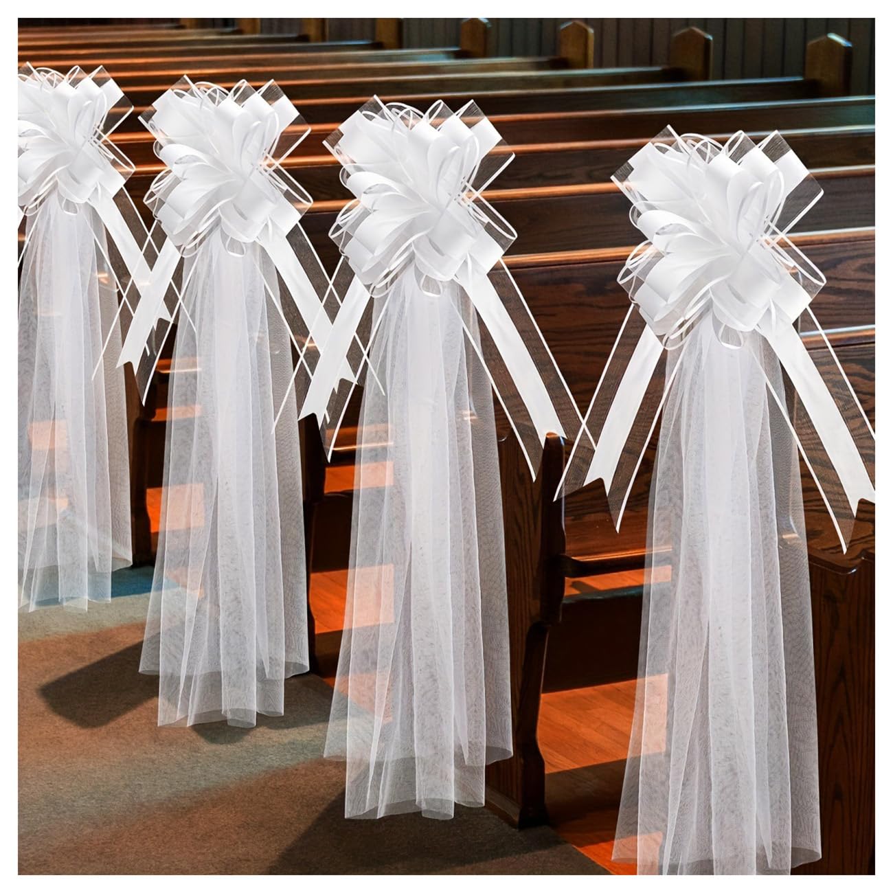 12er-Set Hochzeitsschleifen mit Tüllschwänzen Weiß Lange Stuhlschleifen Tüll Hochzeitsgang Dekorationen Kirchenbänke Geschenkschleife Hochzeitsdeko Autoschleifen Große Schleife für Brautparty