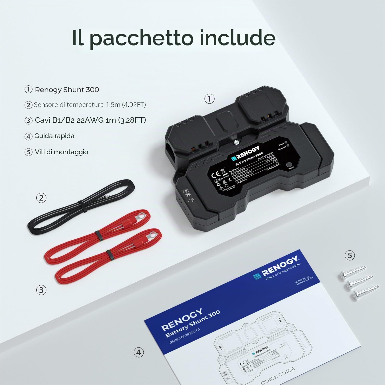 Renogy Battery Shunt 300 con Bluetooth integrato, misura tensione e corrente della batteria, compatibile con piombo acido, LFP, Li-ion e Ni-MH
