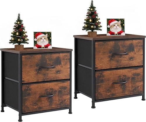 Miniatura 13 de Mesita de noche, mueble de almacenamiento de 2 cajones, cómoda pequeña con 2 cajones, mesa auxiliar con tela para dormitorio, armario, entrada,
