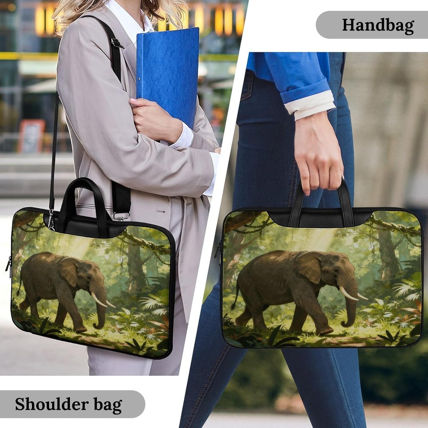 Jungle Elephant 42x30.5cm Black-style Laptop Bag Leather Tablet Computer Briefcase Large Capacity Work Business Tote Bags for Office