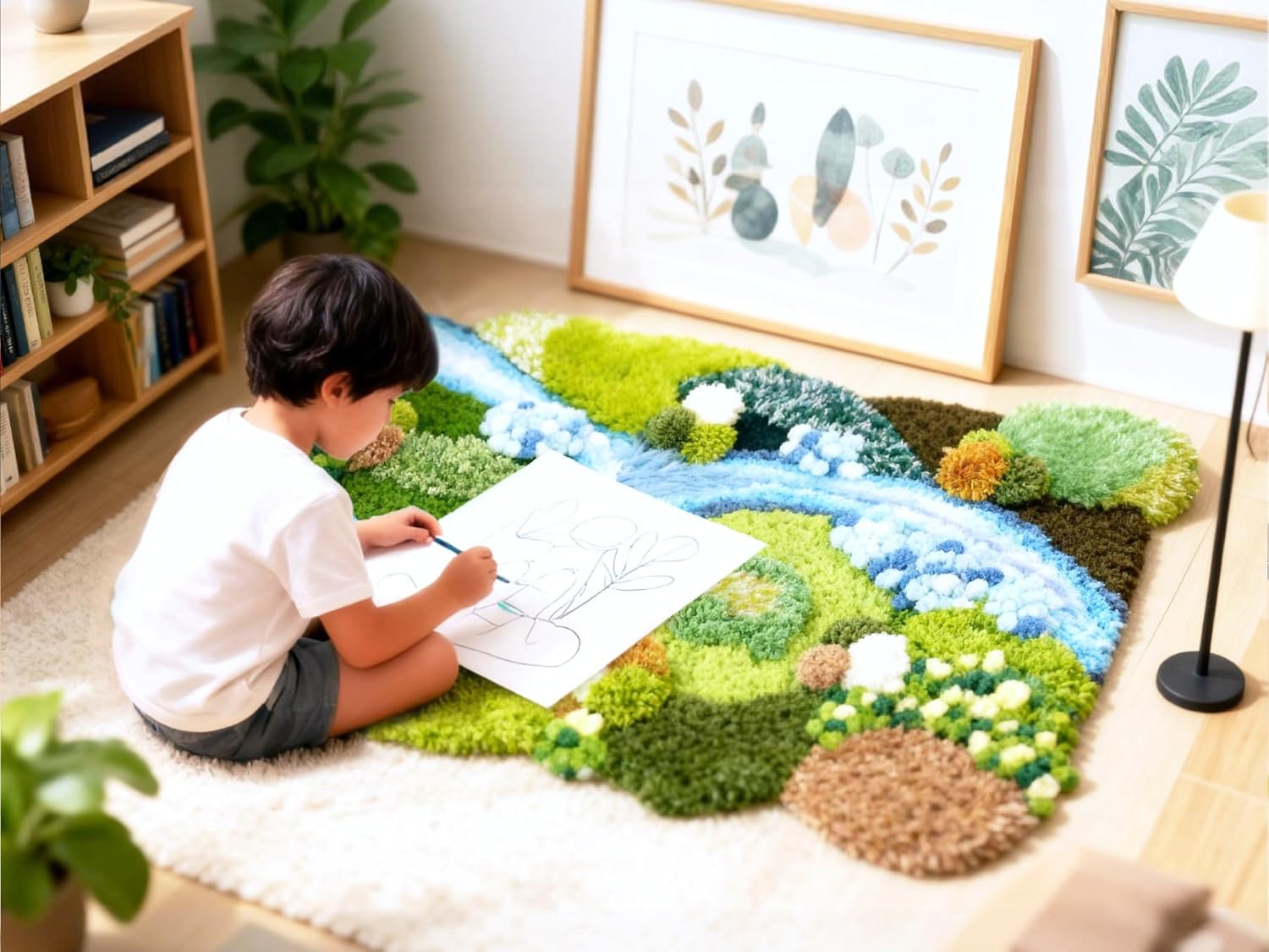 3D Moss Rug DIY Kit,Latch Hook Large Aesthetic Rug,Cozy Fluffy Art Carpet Washable for Bedroom,Living Room,Bohemian Organic Home Dorm Decor,Yarn Craft Hobbies for Women (SapphireStream-A)