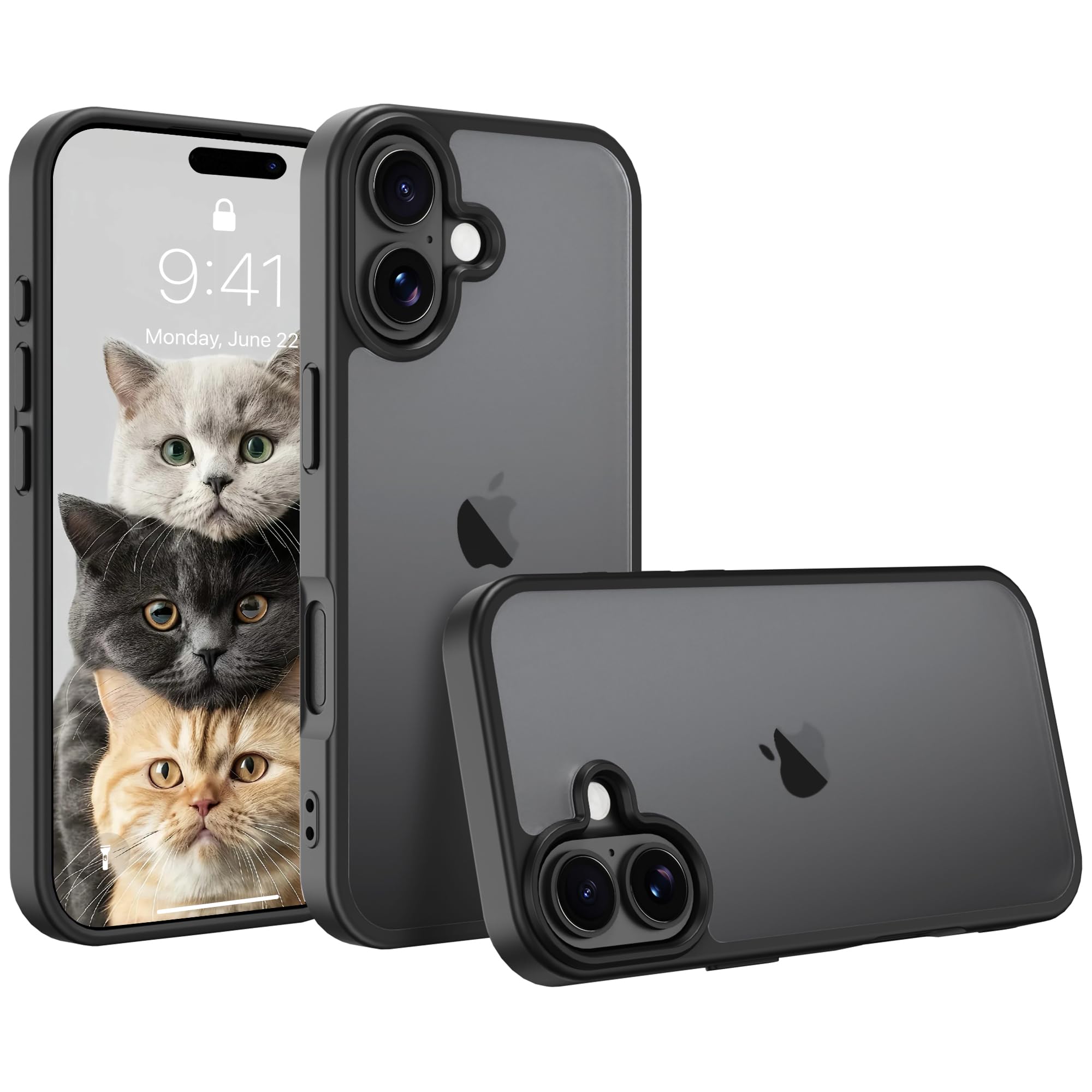 PinLiSheng iPhone 17ケース 半透明 全面保護 いPhone 17 対応 スマホケース 耐衝撃 米軍MIL規格取得 レンズ保護 滑り止め 黄ばみなし ストラップホール付き 携帯スマホケース アイフォン 17 用カバー (ブラック, iPhone 17)