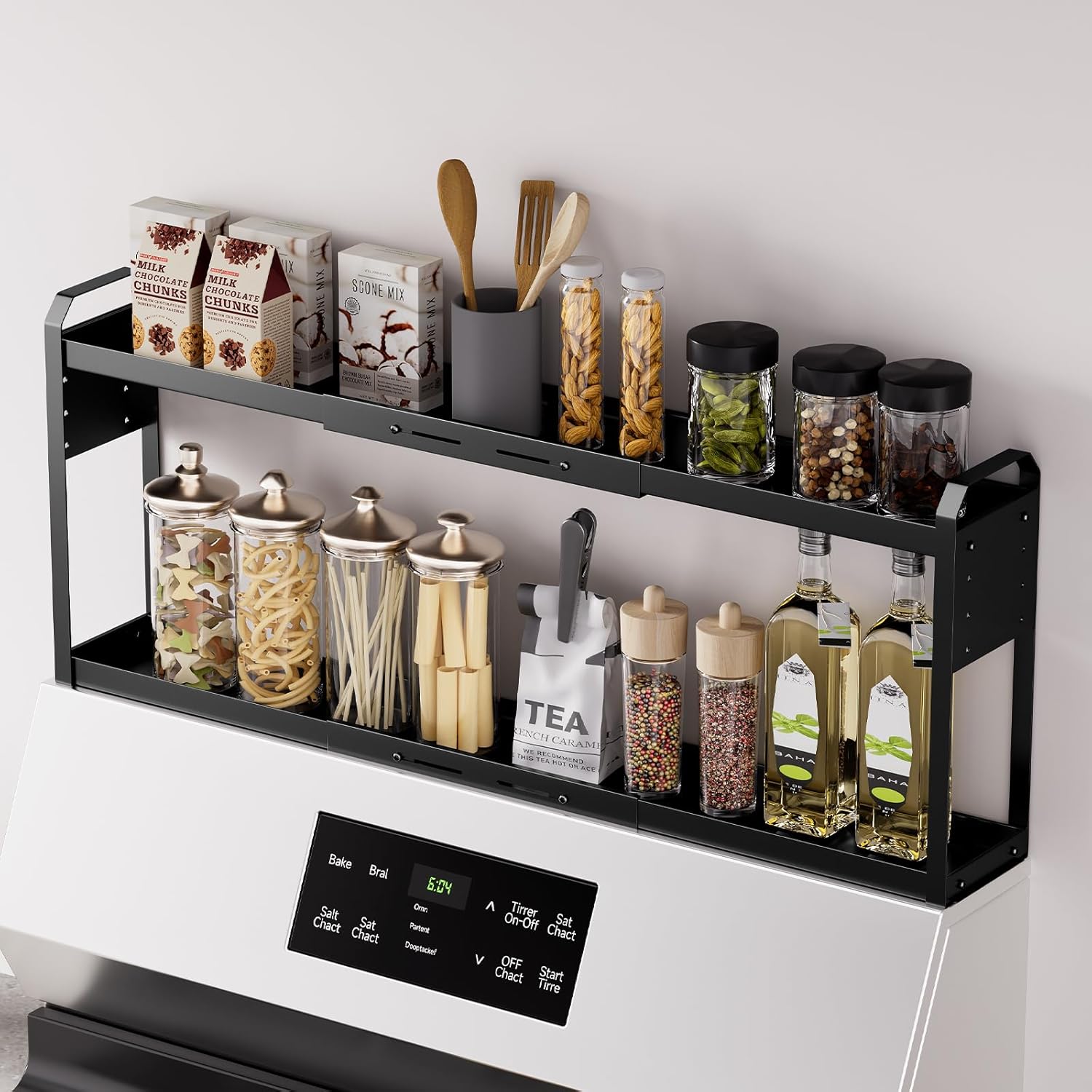 2 Tier Magnetic Over the Stove Shelf, Expandable Metal Spice Rack Organizer for Flat Top Gas Stove, Over Oven Storage for Seasonings, Oil Bottles, Spice Jars and Kitchen Essentials, Black