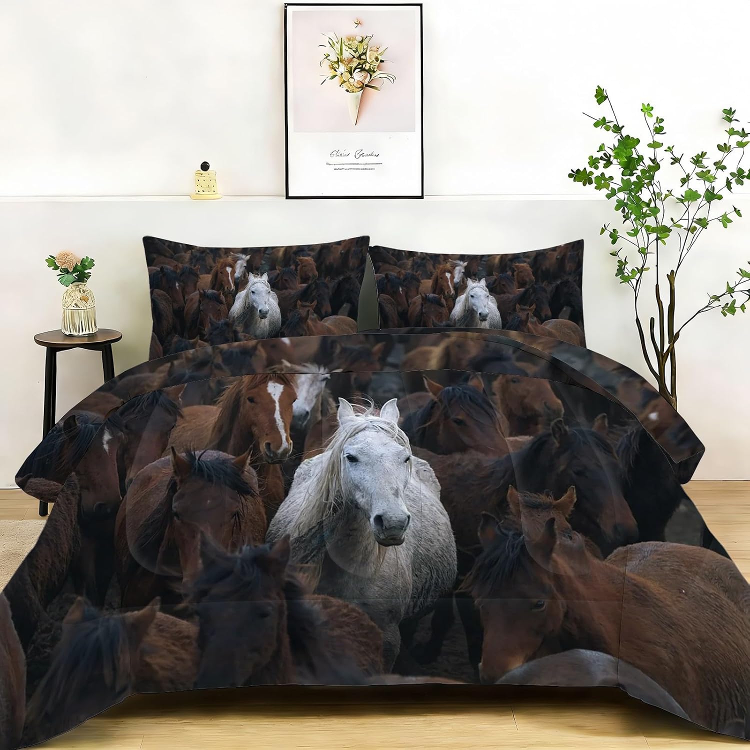 Herd of Horses King Size Comforter Set, Brown Comforter King Size Luxury Soft Microfiber Fluffy Printing Duvet Insert, Quilt with 2 Pillowcases for Kids and Adults YUb2585