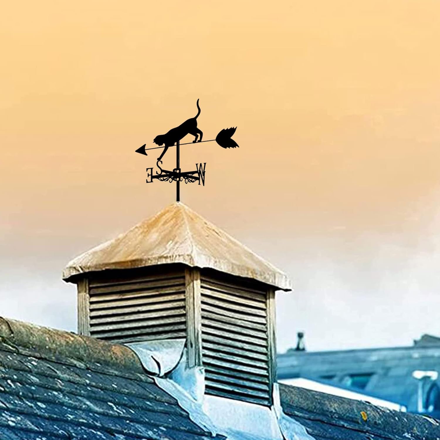 Roof Cat Weathervane, Farmhouse Metal Animals Ornament Wind Vane Creative Direction Indicator Measuring Tool for Outdoor Lawn Fence Posts Pergola, Easy to Assemble