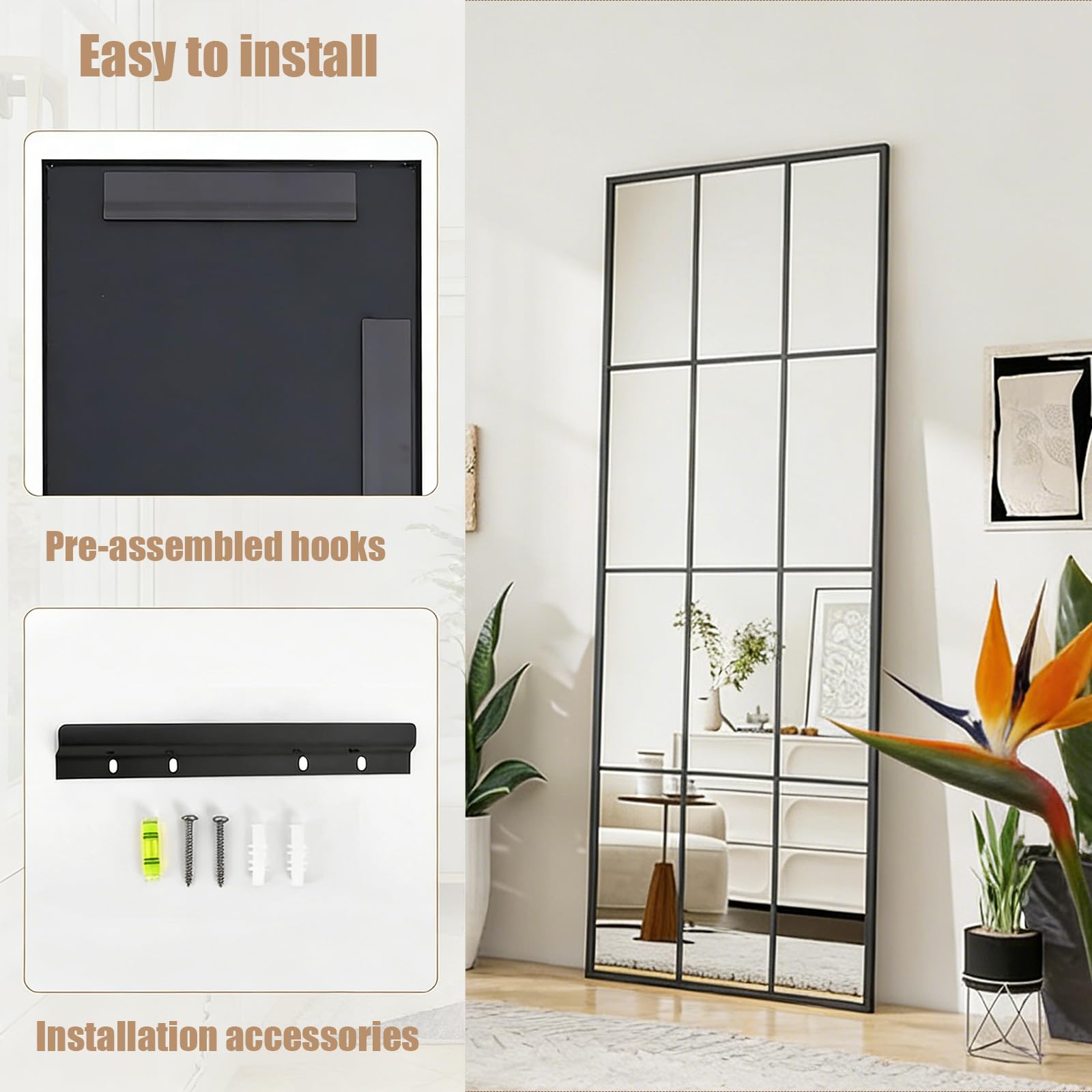 Espejo Ventana de Cuerpo Entero Rectangular, Espejo para Dormitorio y Armario, para Colocar en el Suelo o Fijar en la Pared - Negro, 175x63cm | 69" L x 25" W