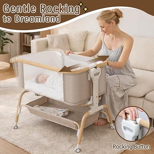 Miniatura 2 de Moisés mecedor para bebé, cuna portátil desmontable y cuna ajustable con 8 alturas, malla transpirable, cesta de almacenamiento y juguete móvil para