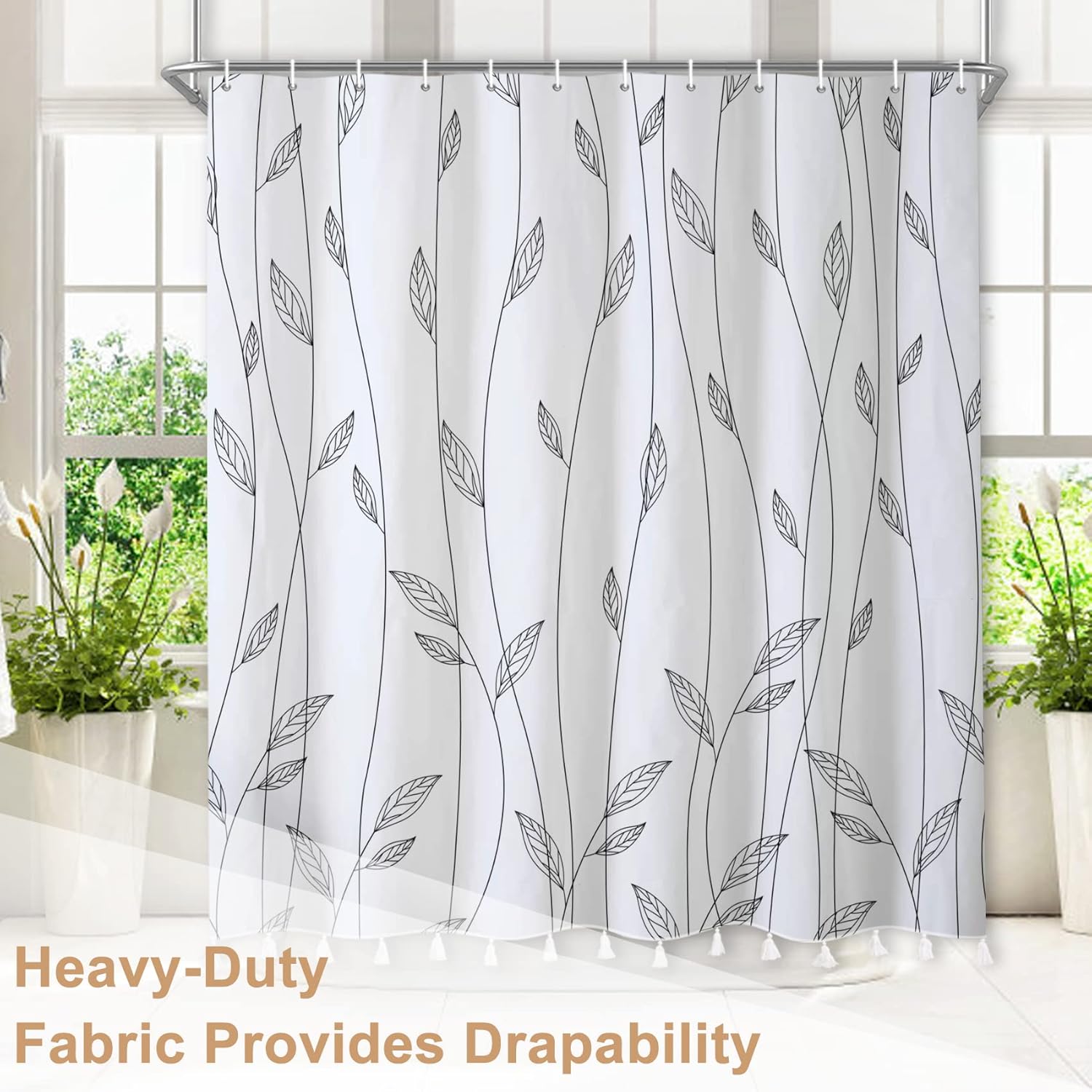 White Leaves Shower Curtain with Tassels, Modern Plant Bathroom Curtain with Tassels, Minimalist Boho Tassels Shower Curtain Set with 12 Hooks for Bathroom, L2, 72Wx72L