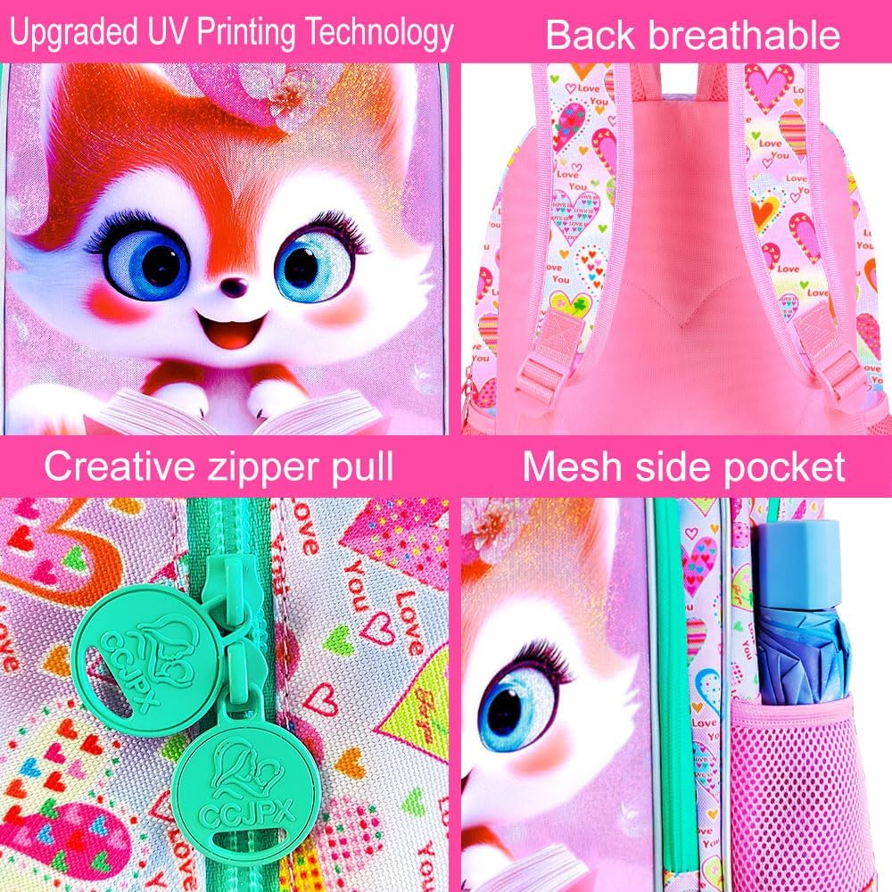 WZLVO 3PCS Girls Fox Backpack Set, 16" Glittery UV Printing Kids Bookbag/School Bag with Lunch Box & Pencil Bag for Preschool to Elementary - Reading Fox Pink