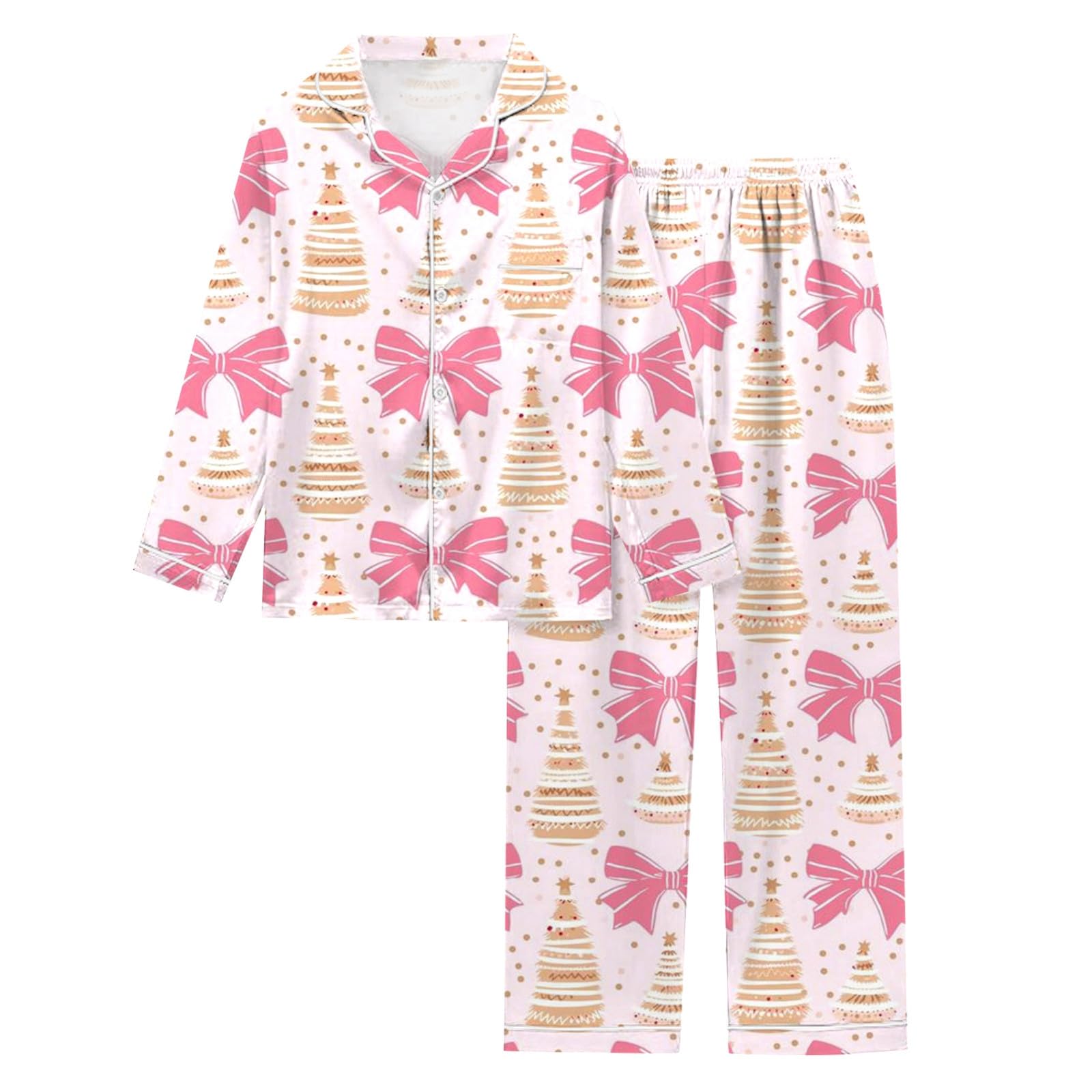 Generico Pigiama Lungo Donna - Set a Maniche Lunghe Stampato a Tema Natalizio da Donna Abbigliamento da casa Festivo per Vacanze accoglienti in Tessuto con Chiusura Frontale e Tasche Laterali