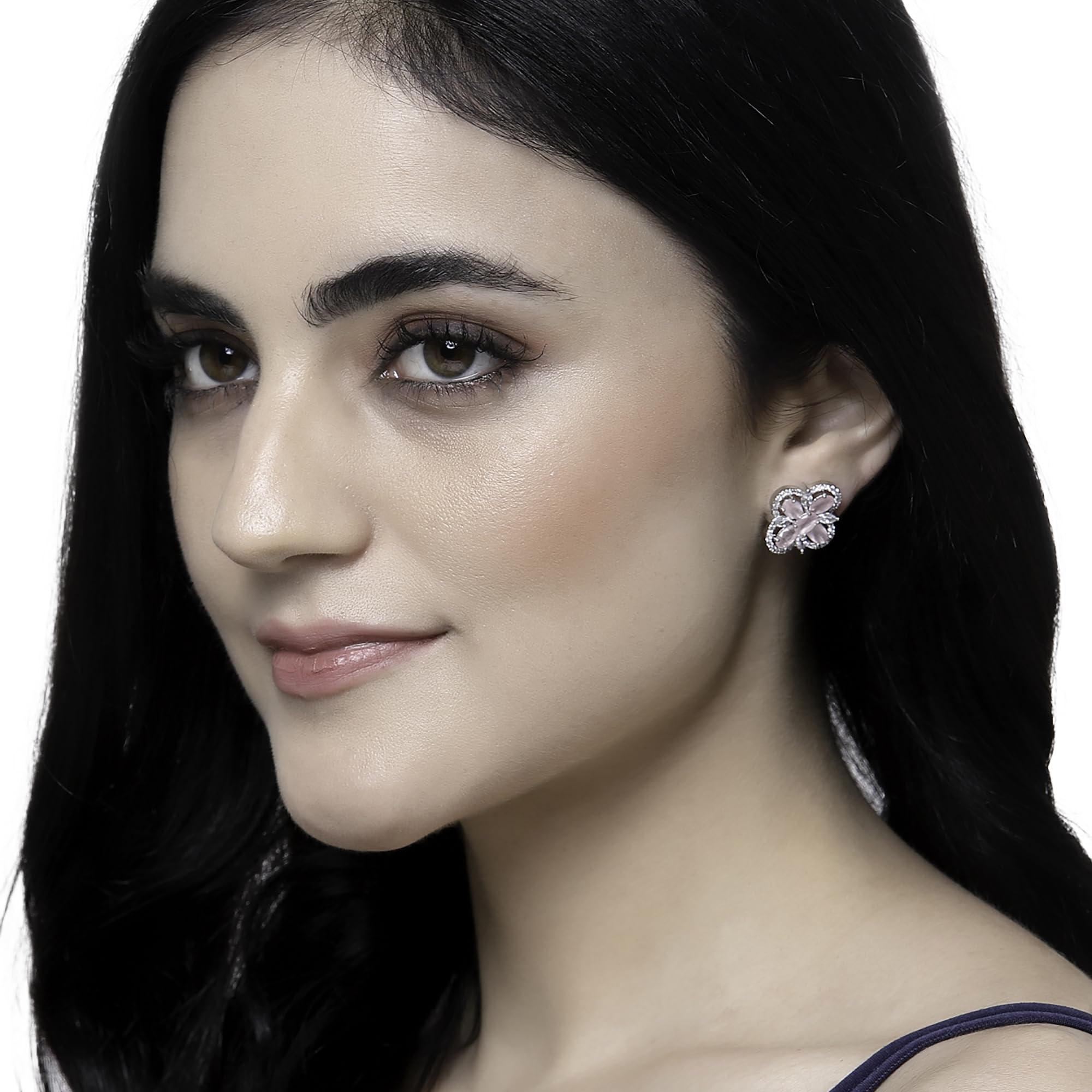Rhodium-Plated American Diamond Floral Stud Earrings