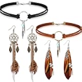 2 Sets Native American Jewelry Set for Women 2 Pieces Faux Suede Choker Necklace Faux Leather Choker and 2 Pairs Bohemian Artificial Feather Earrings Boho Dream Catcher Earring Western Jewelry